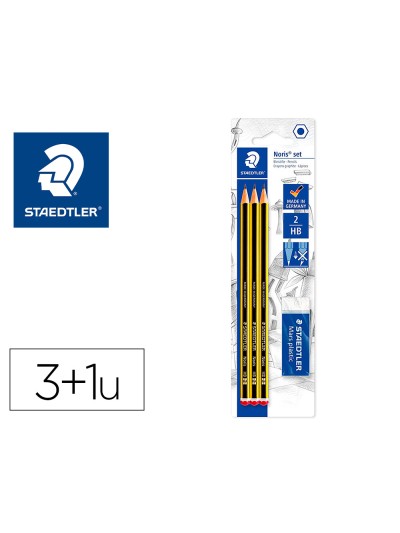 Lapices de grafito staedtler noris n.2 hb blister de 3 unidades + 1 goma de borrar mars plastic