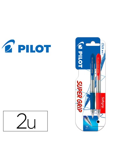 Boligrafo pilot super grip retractil sujecion de caucho tinta base de aceite en blister 1 azul + 1 rojo