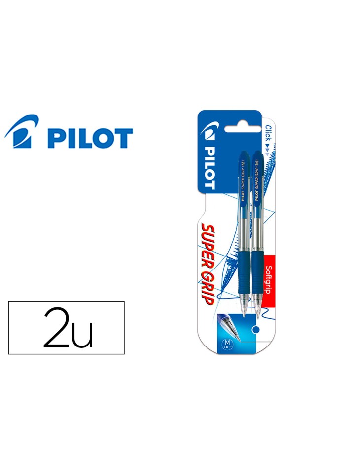 Boligrafo pilot super grip azul retractil sujecion de caucho tinta base de aceite en blister de 2 unidades Boligrafo pilot super grip azul retractil sujecion de caucho tinta base de aceite en blister de 2 unidades