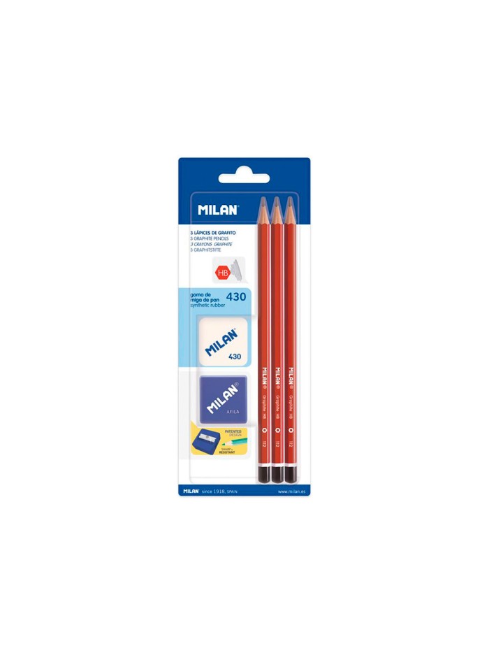 Lapices de grafito milan hexagonal hb + goma 430 + afilalapiz blister de 3 unidades Lapices de grafito milan hexagonal hb + goma 430 + afilalapiz blister de 3 unidades