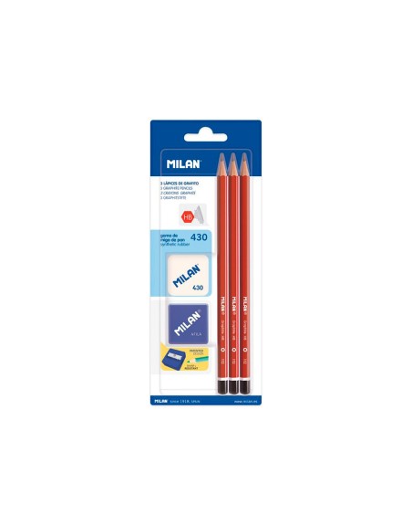Lapices de grafito milan hexagonal hb + goma 430 + afilalapiz blister de 3 unidades