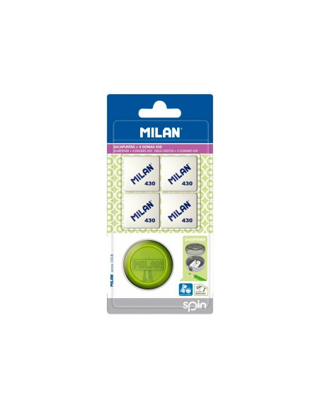Sacapuntas milan spin plastico 1 uso + 4 gomas de borrar 430