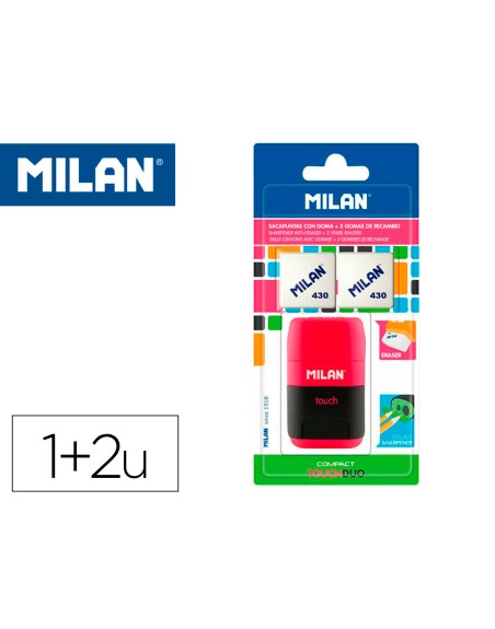 Sacapuntas milan compact touch duo plastico 2 usos con goma + 2 recambios de goma en blister