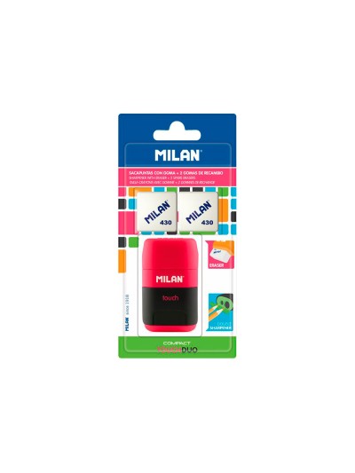 Sacapuntas milan compact touch duo plastico 2 usos con goma + 2 recambios de goma en blister