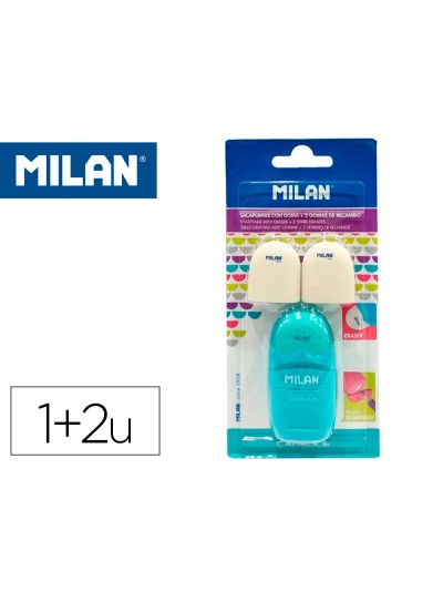 Sacapuntas milan capsule plastico 1 uso con goma + 2 recambios de goma en blister