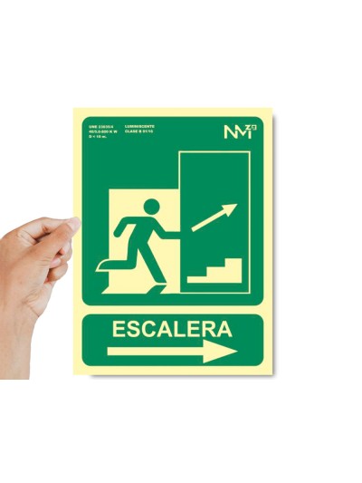 Pictograma archivo 2000 salida emergencia escalera sube derecha pvc verde luminiscente 224x300 mm