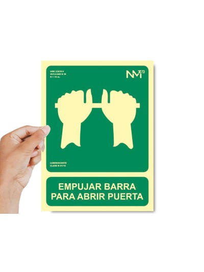 Pictograma archivo 2000 empujar barra para abrir puerta pvc verde luminiscente 224x300 mm