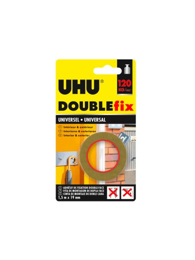 Cinta adhesiva uhu doublefix marron doble cara extra fuerte 1,5 mt x 19 mm