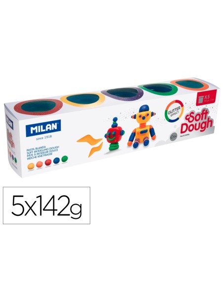 Pasta milan para modelar soft dough glitter caja de 5 botes colores surtidos 142 g