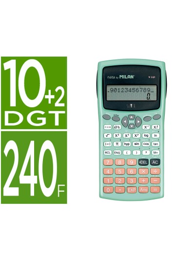 Calculadora milan cientifica m240 silver 2 lineas 240 funciones 10+2 digitos color verde turquesa con tapa color