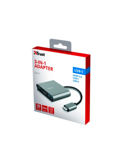Adaptador trust dalyx 3 en 1 multipuerto usb-c / usb-a usb-c hdmi 2.0 color aluminio