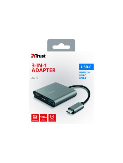 Adaptador trust dalyx 3 en 1 multipuerto usb-c / usb-a usb-c hdmi 2.0 color aluminio