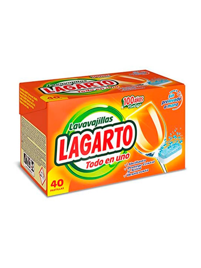 Pastilla lavavajillas lagarto todo en uno abrillanta desincrusta y protege sin prelavado caja de 40 unidades Pastilla lavavajillas lagarto todo en uno abrillanta desincrusta y protege sin prelavado caja de 40 unidades