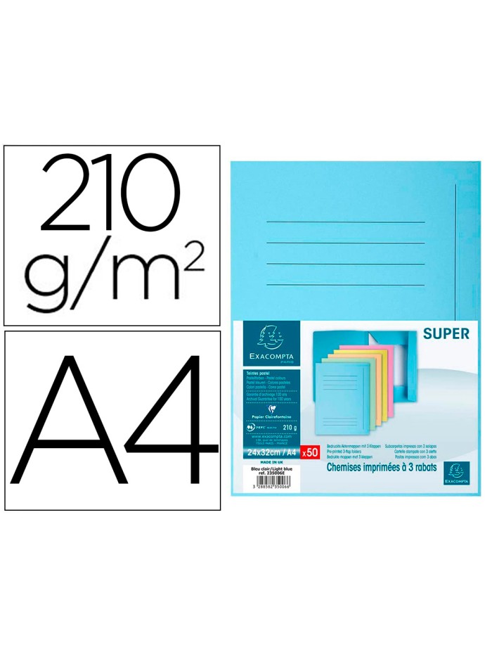 Subcarpeta cartulina con 3 solapas exacompta din a4 impresa azul claro 210 gr Subcarpeta cartulina con 3 solapas exacompta din a4 impresa azul claro 210 gr