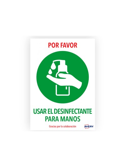 Señal adhesiva avery usar el desinfectante para las manos din a4 resistente a los rayos uv pack de 2 unidades