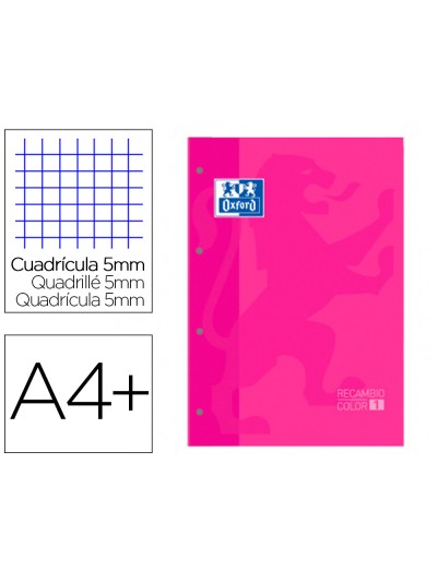 Recambio color 1 oxford din a4+ 80 hojas 90 gr cuadro 5 mm 4 taladros color fucsia