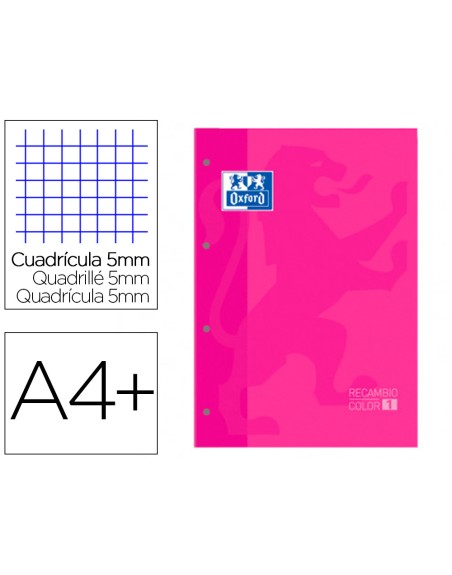 Recambio color 1 oxford din a4+ 80 hojas 90 gr cuadro 5 mm 4 taladros color fucsia