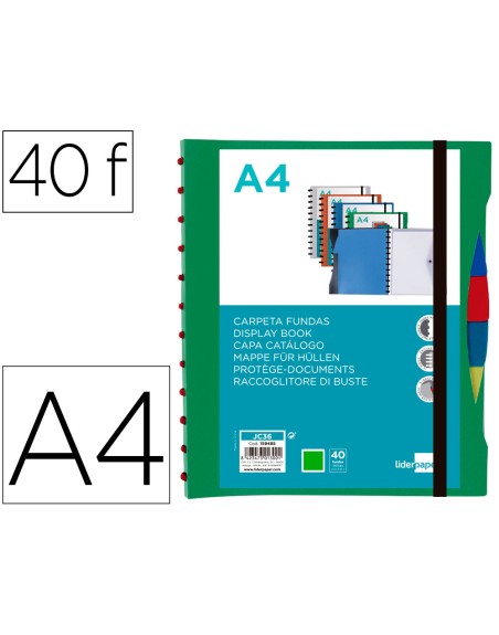 Carpeta liderpapel a4 con 40 fundas intercambiables 5 sep sobre y gomilla portada y lomo personalizable verde