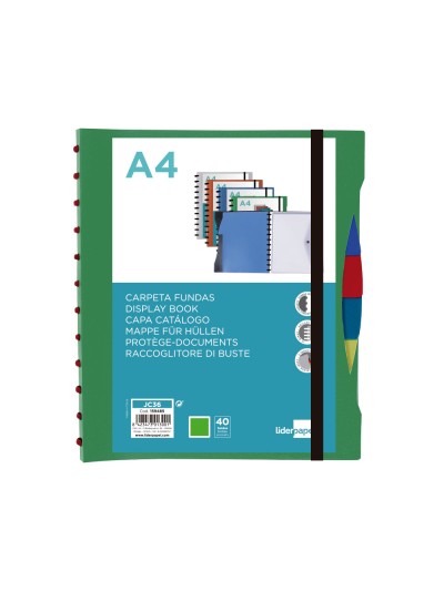 Carpeta liderpapel a4 con 40 fundas intercambiables 5 sep sobre y gomilla portada y lomo personalizable verde