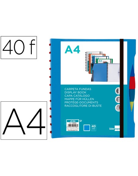 Carpeta liderpapel a4 con 40 fundas intercambiables 5 sep sobre y gomilla portada y lomo personalizable azul
