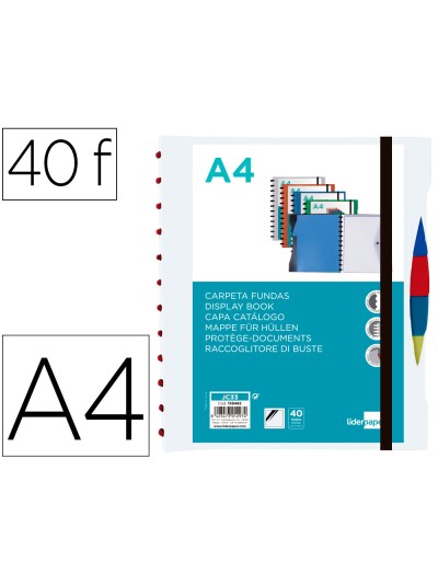 Carpeta liderpapel a4 con 40 fundas intercambiables 5 sep sobre y gomilla portada y lomopersonalizable transparente