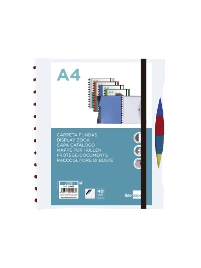 Carpeta liderpapel a4 con 40 fundas intercambiables 5 sep sobre y gomilla portada y lomopersonalizable transparente