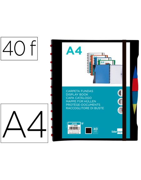 Carpeta liderpapel a4 con 40 fundas intercambiables 5 sep sobre y gomilla portada y lomo personalizable negro