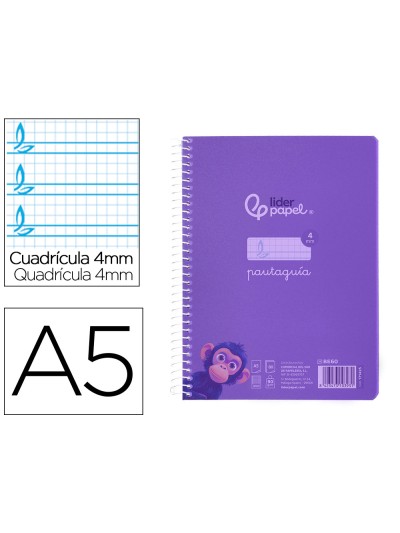 Cuaderno espiral liderpapel din a5 pautaguia tapa plastico 80h 90gr cuadro pautado 4 mm con margen color lila