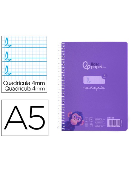 Cuaderno espiral liderpapel din a5 pautaguia tapa plastico 80h 90gr cuadro pautado 4 mm con margen color lila