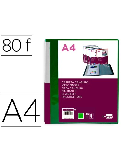 Carpeta liderpapel 80 fundas canguro pp din a4 verde translucido portada y lomo personalizable