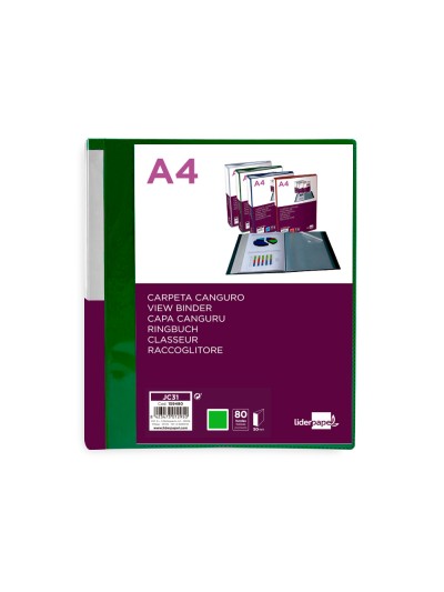 Carpeta liderpapel 80 fundas canguro pp din a4 verde translucido portada y lomo personalizable
