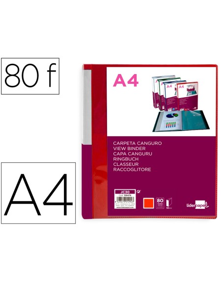 Carpeta liderpapel 80 fundas canguro pp din a4 rojo translucido portada y lomo personalizable