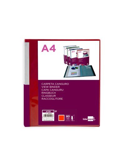 Carpeta liderpapel 80 fundas canguro pp din a4 rojo translucido portada y lomo personalizable