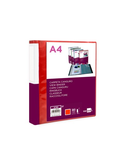 Carpeta liderpapel 80 fundas canguro pp din a4 rojo translucido portada y lomo personalizable