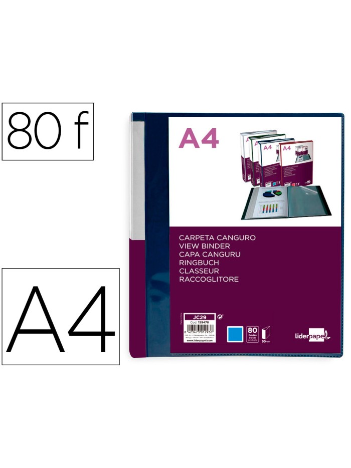 Carpeta liderpapel 80 fundas canguro pp din a4 azul translucido portada y lomo personalizable Carpeta liderpapel 80 fundas canguro pp din a4 azul translucido portada y lomo personalizable