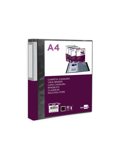 Carpeta liderpapel 80 fundas canguro pp din a4 negro opaco portada y lomo personalizable