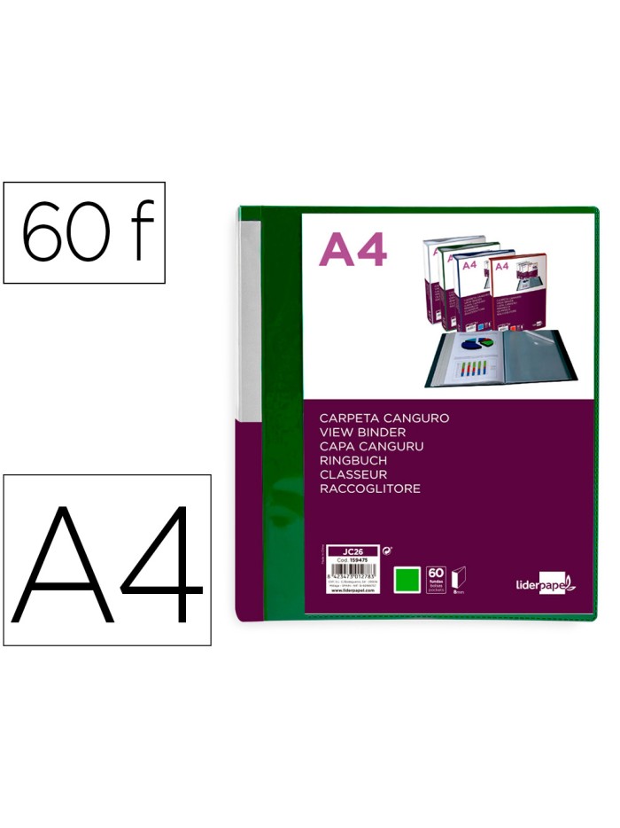 Carpeta liderpapel 60 fundas canguro pp din a4 verde translucido portada y lomo personalizable Carpeta liderpapel 60 fundas canguro pp din a4 verde translucido portada y lomo personalizable