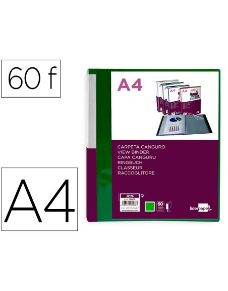 Carpeta liderpapel 60 fundas canguro pp din a4 verde translucido portada y lomo personalizable