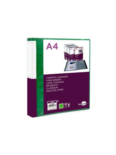 Carpeta liderpapel 60 fundas canguro pp din a4 verde translucido portada y lomo personalizable