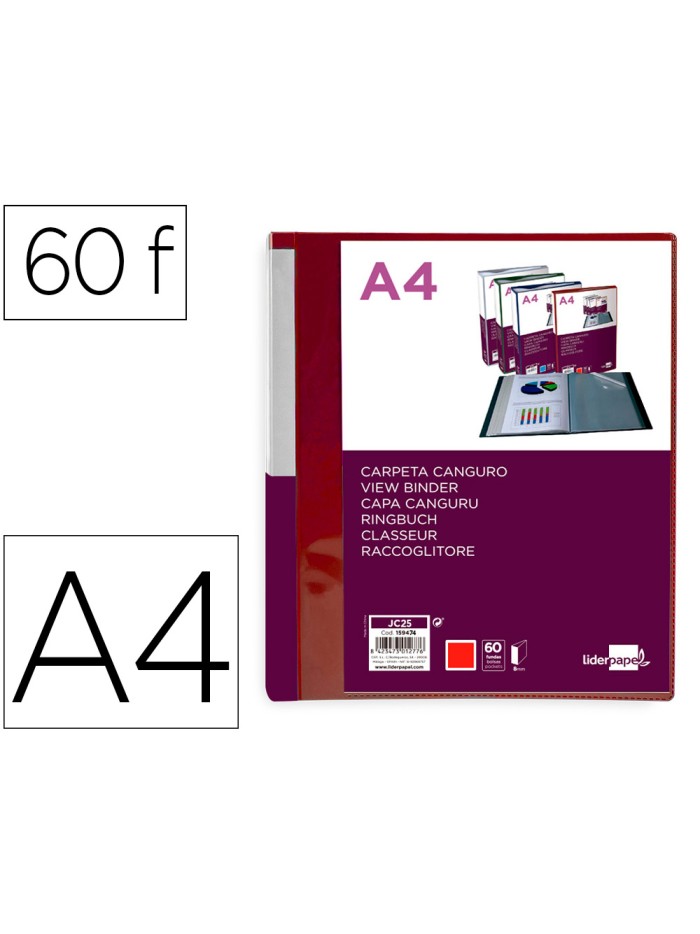 Carpeta liderpapel 60 fundas canguro pp din a4 rojo translucido portada y lomo personalizable Carpeta liderpapel 60 fundas canguro pp din a4 rojo translucido portada y lomo personalizable