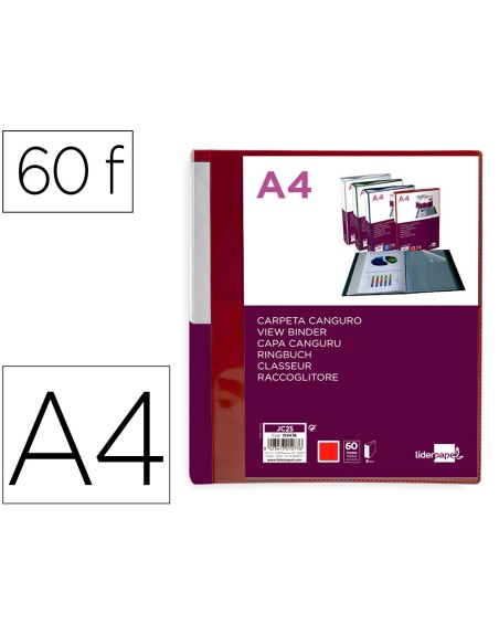 Carpeta liderpapel 60 fundas canguro pp din a4 rojo translucido portada y lomo personalizable