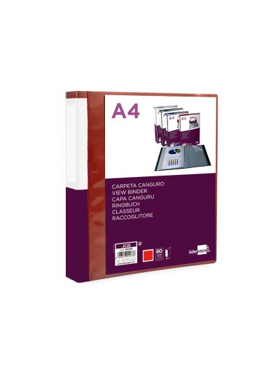 Carpeta liderpapel 60 fundas canguro pp din a4 rojo translucido portada y lomo personalizable