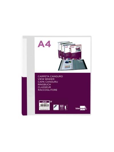 Carpeta liderpapel 60 fundas canguro pp din a4 transparenteportada y lomo personalizable