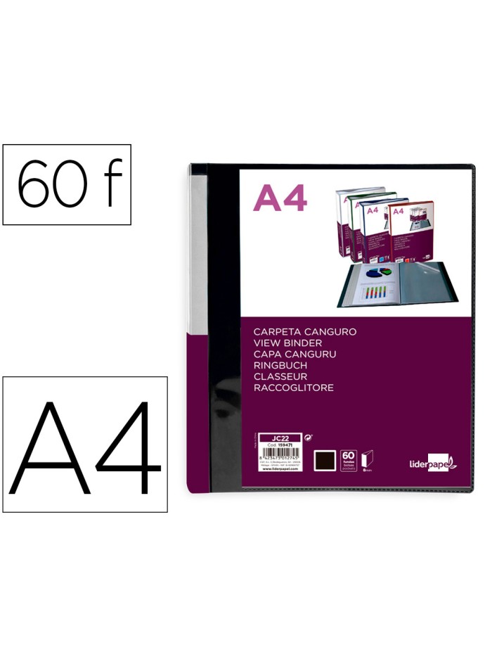 Carpeta liderpapel 60 fundas canguro pp din a4 negro opaco portada y lomo personalizable Carpeta liderpapel 60 fundas canguro pp din a4 negro opaco portada y lomo personalizable