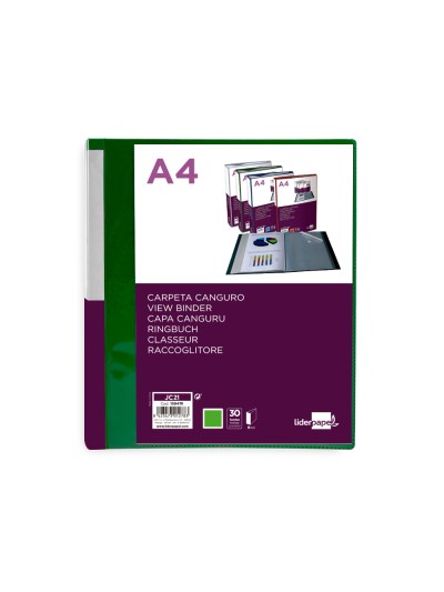 Carpeta liderpapel 30 fundas canguro pp din a4 verde translucido portada y lomo personalizable