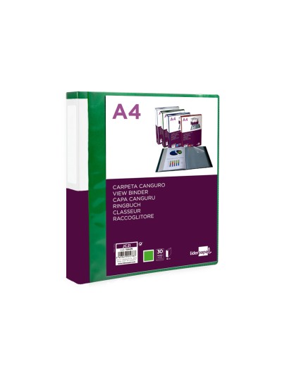 Carpeta liderpapel 30 fundas canguro pp din a4 verde translucido portada y lomo personalizable