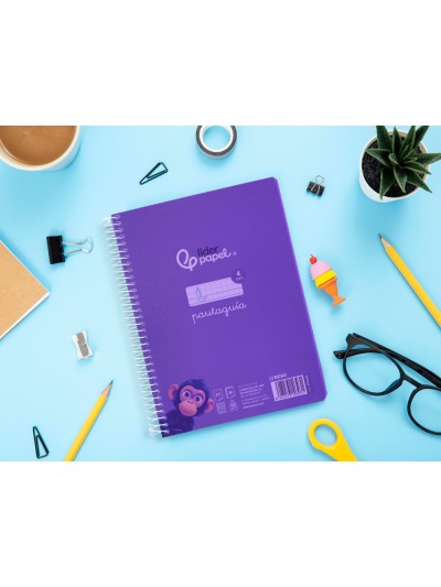 Cuaderno espiral liderpapel din a5 pautaguia tapa plastico 80h 90gr cuadro pautado 4 mm con margen color lila