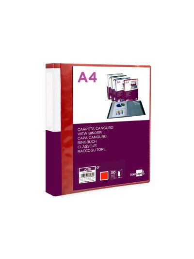 Carpeta liderpapel 30 fundas canguro pp din a4 rojo translucido portada y lomo personalizable