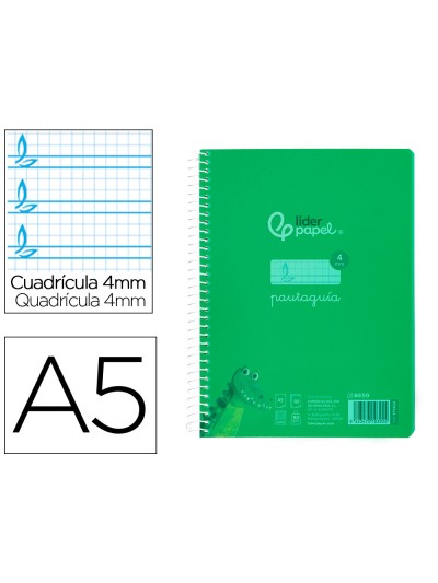 Cuaderno espiral liderpapel din a5 pautaguia tapa plastico 80h 90gr cuadro pautado 4mm con margen color verde