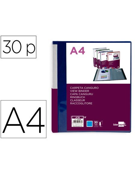 Carpeta liderpapel 30 fundas canguro pp din a4 azul translucido portada y lomo personalizable